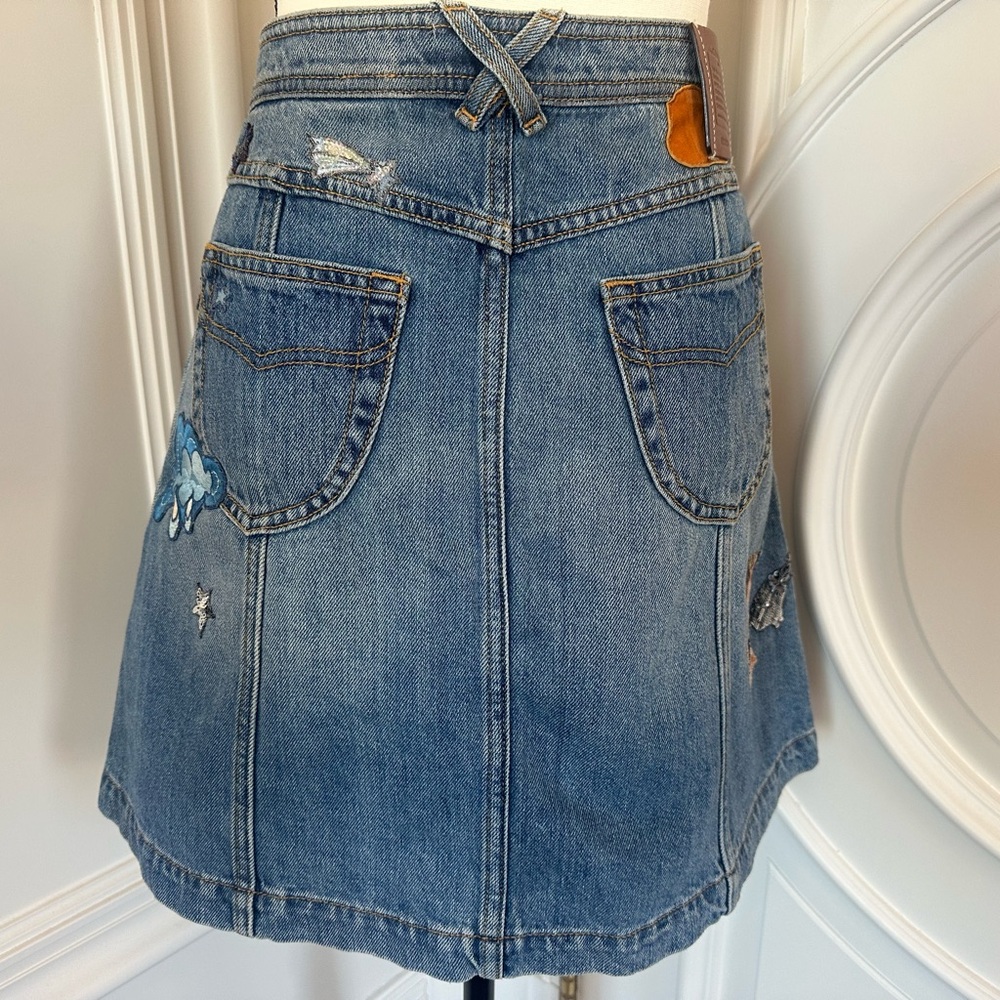 Coach NWOT 100% Cotton Denim Patchwork Button Up Sequin Embroidery Skirt- Size 4 - Picture 7 of 13
